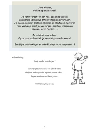 3
Welkom leerling,
Kom je naar het eerste leerjaar ?
Dan ontpopt zich een wereld van cijfers & letters,
schriften & boeken, potloden & pennen,lessen & taken, . . .
Er gaat een nieuwe wereld voor je open.
We helpen je graag op weg.
Lieve kleuter,
welkom op onze school.
Je komt terecht in een heel boeiende wereld.
Een wereld vol nieuwe ontdekkingen en ervaringen.
Je mag spelen met blokken, klimmen en klauteren, luisteren
naar verhalen, diertjes verzorgen, sporten, knippen en
plakken, leren fietsen,. . .
Je ontdekt onze school.
Op onze school ontdek je een stukje van de wereld.
Een fijne ontdekkings- en ontwikkelingstocht toegewenst !
Ben je nieuw op onze school ? Wees welkom!
Je bent hier niet alleen,
veel nieuwe vrienden wachten je op.
Juffen en meesters kijken uit naar je komst.
We tonen je graag de weg & beantwoorden je vragen.
Blij dat je er bent !
 