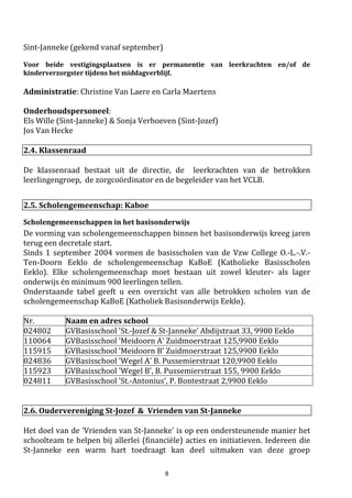 8
Wanneer is aangepast onderwijs nodig? Wat na het basisonderwijs?.....
We zijn er om jullie te ondersteunen.
d. Preventieve gezondheidszorg.
Het is onze vastgelegde taak omgroei, ontwikkeling en vaccinaties op te volgen. Wij staan ook
open voor uw vragen: ‘Is mijn kind te dik ? Mijn kind plast nog iedere nacht in bed, is dit
normaal? Wat betekent een gestoord kleurenzicht voor de studies van mijn kind?’ …..
Het CLB luistert naar elke vraag van ouders, leerlingen en scholen.
Behoort de vraag tot de opdracht van het CLB dan zal het voorstellen tot begeleiding doen.
Gezamenlijk wordt naar een oplossing gezocht.
Behoort de vraag niet tot hun opdracht dan zal het CLB de weg wijzen naar de gepaste
hulpverleningsdienst.
3. Hoe kan je ons bereiken?
Op bovenstaand adres is het CLB elke werkdag open van: 8.30 uur tot 12.00 uur en van 13.00 uur tot
16.30 uur en na afspraak.
4. Belangrijk om weten.
In principe kan begeleiding door een CLB niet verplicht worden. Uitgezonderd:
- de medische onderzoeken
- de maatregelen bij besmettelijke ziekten
- de begeleiding bij leerplichtproblemen (spijbelen).
Elke begeleiding is kosteloos en verloopt in een sfeer van vertrouwen. Het CLB werkt onafhankelijk.
Verandert uw kind van school dan wordt het dossier overgedragen naar het CLB dat samenwerkt
met de nieuwe school. Gaat u hiermee niet akkoord dan kan u verzet aantekenen binnen de dertig
dagen. Wenst u dit te doen vraag dan het daartoe bestemde formulier aan bij uw nieuw CLB.
CLB-informatie vind je ook terug op www.vclb-koepel.be
2.9. Pedagogische begeleiding
Mevr. Kathleen Pisman
Kerntaken: de school ondersteunen op vlak van:
a) het functioneren van het team
b) navormingen
c) aanwerving en benoeming van leerkrachten
2.10. Onderwijsinspectie van de Vlaamse Gemeenschap
 