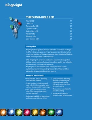 Round LED 	 17
Oval LED	 21
Rectangular LED	 21
Cylindrical LED	 23
Multi-Color LED	 23
Resistor LED	 26
Blinking LED	 27
Low Current LED	 27
 