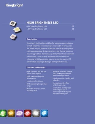 HIGH BRIGHTNESS LED
0.5W High Brightness LED	 03
1.5W High Brightness LED	 03
Kingbright’s High Brightness LEDs offer ultimate design solutions
for high brightness needs.Packages are available in various sizes
and power outputs based on InGaN and AlInGaP technology.The
cutting-edge package design comprises a low thermal resistance
providing great heat dissipating capability.The distinctive element
encompasses a built-in zener diode that can withstand ESD
voltage up to 8000V providing superior protection against ESD
(ElectroStatic Discharge) damages at the production line.
• High luminous flux and low
power consumption
• High maximum junction
temperature
• Low thermal resistance
• Wide operating temperature
range
• Available in various colors
including RGB
• Available in various sizes of
SMD package suitable for
different design needs
• Excellent product quality and
reliability
• Compatible with reflow
soldering process
• Automation-friendly tape-
and-reel package to
increase productivity and
reduce assembly cost
Description
Features and Benefits
 