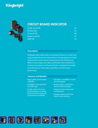 CIRCUIT BOARD INDICATOR
Single-Level CBI	 45
Bi-Level CBI	 47
Tri-Level CBI	 48
Quad-Level CBI	 49
SMD CBI	 49
Description
Features and Benefits
 