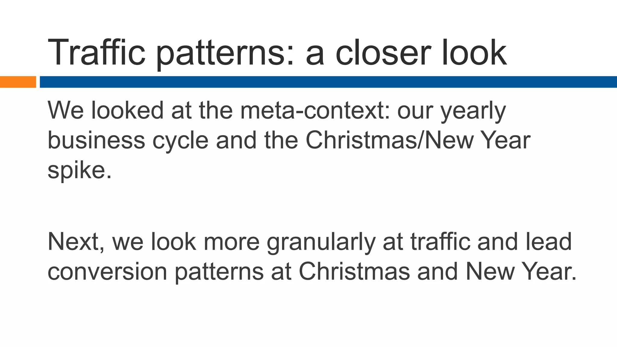 Traffic patterns: a closer look
We looked at the meta-context: our yearly
business cycle and the Christmas/New Year
spike.
Next, we look more granularly at traffic and lead
conversion patterns at Christmas and New Year.
 
