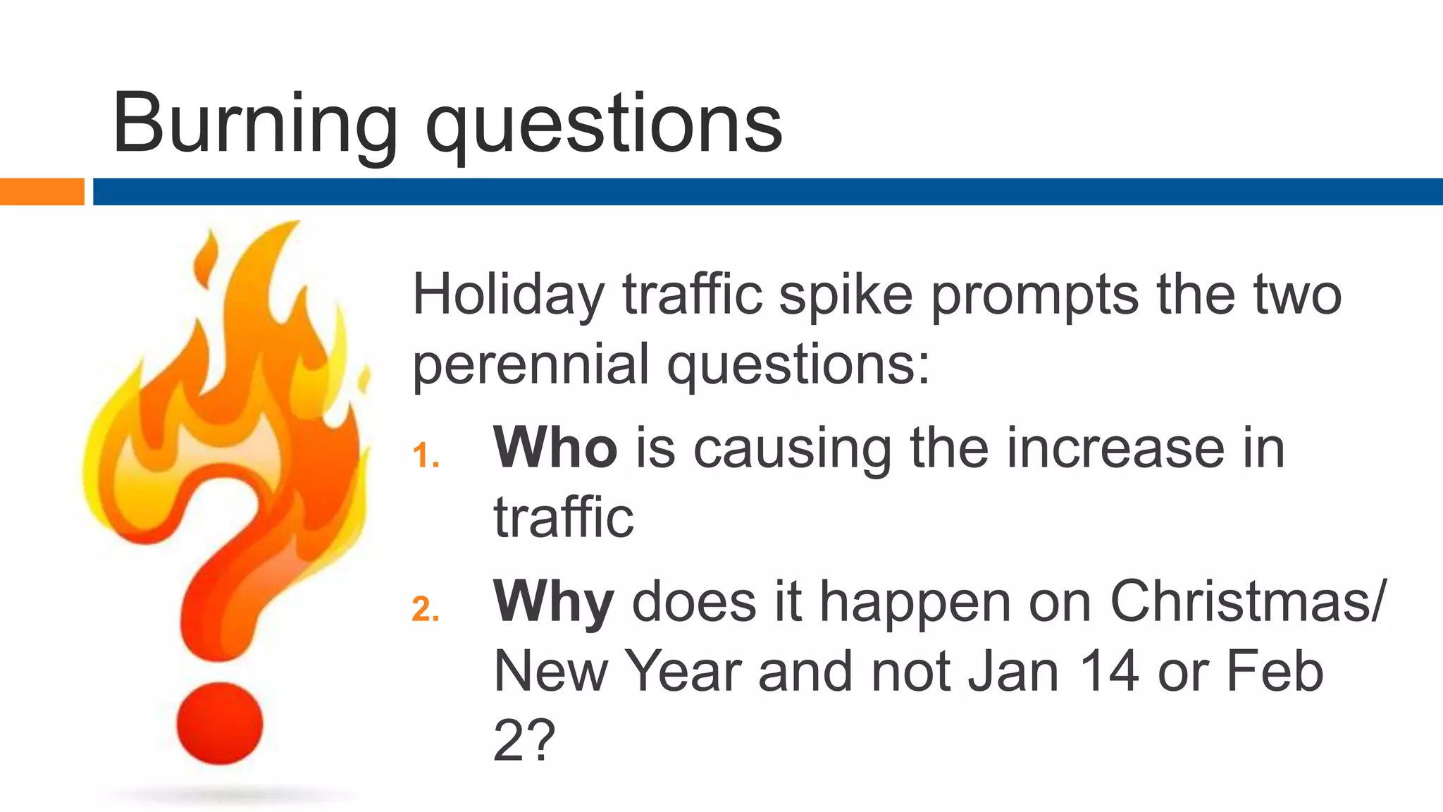 Burning questions
Holiday traffic spike prompts the two
perennial questions:
1. Who is causing the increase in
traffic
2. Why does it happen on Christmas/
New Year and not Jan 14 or Feb
2?
 