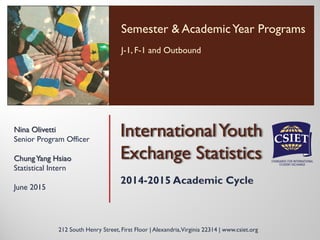 Nina Olivetti
Senior Program Officer
ChungYang Hsiao
Statistical Intern
June 2015
212 South Henry Street, First Floor | Alexandria,Virginia 22314 | www.csiet.org
InternationalYouth
Exchange Statistics
Semester & AcademicYear Programs
J-1, F-1 and Outbound
2014-2015 Academic Cycle
 