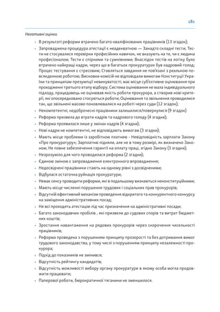 181
Негативні оцінки
• В результаті реформи втрачено багато кваліфікованих працівників (13 згадок);
• Запроваджена процедура атестації є неадекватною — Занадто складні тести; Тес-
ти не стосувалися перевірки професійних навичок, не вказують на те, чи є людина
професіоналом; Тести є спірними та сумнівними; Внаслідок тестів на логіку було
втрачено найкращі кадри, через що в багатьох прокуратурах був кадровий голод;
Процес тестування є стресовим; Ставляться завдання не пов’язані з реальною по-
всякденною роботою; Висновки комісій не відповідали вимогам Конституції Укра-
їни та принципам презумпції невинуватості; має місце суб’єктивне оцінювання при
проходженні третього етапу відбору; Система оцінювання не мала індивідуального
підходу, працедавець не оцінював якість роботи прокурора, а створив нові крите-
рії, які опосередковано стосуються роботи; Оцінювання та звільнення проводилися
так, що звільнені масово поновлювалися на роботі через суди (12 згадок);
• Некомпетентні, недоброчесні працівники залишилися/повернулися (9 згадок)
• Реформа призвела до втрати кадрів та кадрового голоду (4 згадки);
• Реформа проявилася лише у змінах кадрів (4 згадки);
• Нові кадри не компетентні, не відповідають вимогам (3 згадки);
• Мають місце проблеми із заробітною платнею - Невідповідність зарплати Закону
«Про прокуратуру»; Зарплатню підняли, але не в тому розмірі, як визначено Зако-
ном; Не повне забезпечення гарантії на оплату праці, згідно Закону (3 згадки);
• Незрозуміло для чого проводилася реформа (2 згадки);
• Єдиною зміною є запровадження електронного впровадження;
• Недосвідчені працівники стають на одному рівні з досвідченими;
• Відбулася остаточна руйнація прокуратури;
• Немає сенсу проводити реформи, які в подальшому визнаються неконституційними;
• Мають місце численні порушення трудових і соціальних прав прокурорів;
• Відсутній ефективний механізм проведення відкритого та конкурентного конкурсу
на заміщення адміністративних посад;
• Не всі проходять атестацію під час призначення на адміністративні посади;
• Багато законодавчих пробілів , які призвели до судових спорів та витрат бюджет-
них коштів;
• Зростання навантаження на рядових прокурорів через скорочення чисельності
працівників;
• Реформа проведена з порушенням принципу прозорості та без дотримання вимог
трудового законодавства, у тому числі з порушенням принципу незалежності про-
курора;
• Підхід до показників не змінився;
• Відсутність рейтингу кандидатів;
• Відсутність можливості вибору органу прокуратури в якому особа могла продов-
жити працювати;
• Паперової роботи, бюрократичної тяганини не зменшилося.
 