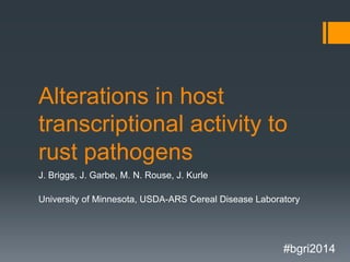 Alterations in host
transcriptional activity to
rust pathogens
J. Briggs, J. Garbe, M. N. Rouse, J. Kurle
University of Minnesota, USDA-ARS Cereal Disease Laboratory
#bgri2014
 