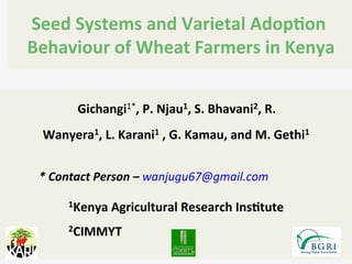 Seed	
  Systems	
  and	
  Varietal	
  Adop2on	
  
Behaviour	
  of	
  Wheat	
  Farmers	
  in	
  Kenya
	
  Gichangi1*,	
  P.	
  Njau1,	
  S.	
  Bhavani2,	
  R.	
  	
  
Wanyera1,	
  L.	
  Karani1	
  ,	
  G.	
  Kamau,	
  and	
  M.	
  Gethi1	
  
	
  	
  	
  	
  	
  	
  	
  	
  	
  	
  	
  
	
  	
  	
  	
  	
  	
  	
  	
  	
  	
  	
  	
  *	
  Contact	
  Person	
  –	
  wanjugu67@gmail.com	
  	
  
1Kenya	
  Agricultural	
  Research	
  Ins2tute	
  
	
  	
  	
  	
  	
  	
  	
  	
  	
  	
  	
  	
  	
  	
  	
  	
  	
  	
  	
  	
  	
  2CIMMYT	
  
 