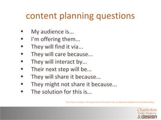 content planning questions 
• My audience is... 
• I’m offering them... 
• They will find it via... 
• They will care beca...