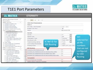TFT
referred for
all PRI
numbers
that are not
configured
for DDI
Routing
IC Ref ID for
DDI Routing
T1E1 Port Parameters
 