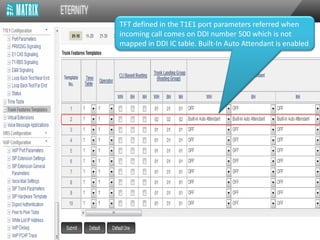 TFT defined in the T1E1 port parameters referred when
incoming call comes on DDI number 500 which is not
mapped in DDI IC table. Built-In Auto Attendant is enabled
 