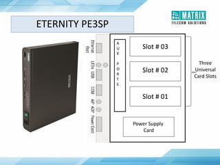 Power Supply
Card
Slot # 01
Slot # 02
Slot # 03
A
U
X
P
O
R
T
S
Three
Universal
Card Slots
ETERNITY PE3SP
 