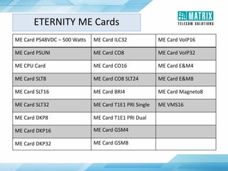 ME Card PS48VDC – 500 Watts ME Card ILC32 ME Card VoIP16
ME Card PSUNI ME Card CO8 ME Card VoIP32
ME CPU Card ME Card CO16 ME Card E&M4
ME Card SLT8 ME Card CO8 SLT24 ME Card E&M8
ME Card SLT16 ME Card BRI4 ME Card Magneto8
ME Card SLT32 ME Card T1E1 PRI Single ME VMS16
ME Card DKP8 ME Card T1E1 PRI Dual
ME Card DKP16 ME Card GSM4
ME Card DKP32 ME Card GSM8
ETERNITY ME Cards
 