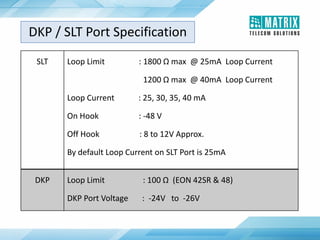 SLT Loop Limit : 1800 Ω max @ 25mA Loop Current
1200 Ω max @ 40mA Loop Current
Loop Current : 25, 30, 35, 40 mA
On Hook : -48 V
Off Hook : 8 to 12V Approx.
By default Loop Current on SLT Port is 25mA
DKP Loop Limit : 100 Ω (EON 42SR & 48)
DKP Port Voltage : -24V to -26V
DKP / SLT Port Specification
 
