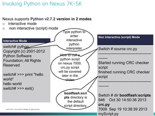25 
© 2013-2014 Cisco and/or its affiliates. All rights reserved. 
Invoking Python on Nexus 7K-5K 
Nexus supports Python v...