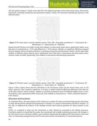 © Center for Promoting Ideas, USA www.ijhssnet.com
98
The line-graph in Figure 3 clearly shows that PG is the highest motivation in the achievement status, followed by
foreclosure, searching moratorium and moratorium statuses. Finally, PG motivation dramatically decrease in the
diffusion status.
Figure 3: PG factor mean z-score by identity clusters. Note: SM = Searching moratorium; F = Foreclosure; M =
Moratorium; A = Achievement; D = Diffusion.
Games-Howell Post-hoc test further reveals that students in achievement status shows significantly higher score
than those in moratorium (p < 0.01) and diffusion (p < 0.01) statuses. Besides, no significant difference emerged
between identity achieved students and those in searching moratorium and foreclosure clusters. On the other hand,
students in diffusion cluster showed scores significantly lower than those in foreclosure and achievement status,
whereas it does not differ significantly from students in moratorium and searching moratorium.
Figure 4: CH factor mean z-score by identity clusters. Note: SM = Searching moratorium; F = Foreclosure; M =
Moratorium; A = Achievement; D = Diffusion.
Figure 4 above clearly shows that the individuals in the foreclosure cluster got the lowest mean score in CH
factor; moreover, they revealed a significant, or at least, an almost achieved significant difference from each one
of the other statuses. On the contrary, students in searching moratorium status revealed the highest mean z-score.
Nevertheless, they significantly differ exclusively from students in foreclosure (p < 0.001), and achievement (p <
0.05) statuses.
Discussion and Conclusion
As mentioned above, the main purpose of this study was to analyse the main associations between the motivations
to study abroad and the self-perceived dimensions of identity in a group of international ERASMUS students. To
this end, we addressed the analysis of the findings towards some relevant questions for future research on the
topic.
Firstly, we wondered in what way the motivations to study abroad are associated to the identity processes.
Correlation analysis revealed that the greater the commitment and in-depth exploration processes, the stronger is
the motivation to move abroad to enable a sort of cultural and personal development (PG motivation); at the same
time, no relationship emerged between the PG motivation and the reconsideration of commitment process.
 