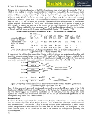 © Center for Promoting Ideas, USA www.ijhssnet.com
96
The emerged bi-dimensional structure of the M-SA Questionnaire was further tested by means of a CFA2
, in
which no cross-loadings or correlated measurement errors were allowed (Kline, 1998). The uncorrelated 2-factor
model emerged to be on the whole acceptable (Table 4). Nevertheless, the ratio of the chi-square statistic to the
degrees of freedom is slightly higher than the cut-off of 3 (Jöreskog and Söbom, 1996; MacCallum, Browne, &
Sugawara, 1996). For this reason, we conducted a post-hoc analysis with the aim of detecting misfitting
parameters in the model (Byrne, 2009). The squared multiple correlation value of the item number 7 returned a
very low value (0.13), and this means that it does not contribute to explain the second factor in a satisfactory
manner. Moreover, as one can see in Table 3, item 7 cross-loaded in both the factors obtained by means of the
EFA. In order to improve the accuracy of the measure, we proceeded eliminating the item number 7. The
uncorrelated 2-factor model with 6 items showed excellent fit indexes (Table 4), as confirmed by the comparison
of the AIC and CAIC measures with the model with 7 items (Hu & Bentler, 1995; Bandalos, 1993).
Table 4: Fit indexes for the 2-factor models of M-SA Questionnaire with 7 and 6 items
Model fit indexes
N χ2
df χ2
/ df GFI CFI RMSEA NNFI AIC CAIC
Uncorrelated 2-Factor
model with 7 items
429 47.781 14 3.41 0.97 0.96 0.07 0.94 924.01 959.4
Uncorrelated 2- Factor
model with 6 items
429 13.02 10 1.30 0.99 0.99 0.03 0.99 746.82 777.19
Split 1 213 6.718 10 0.67 0.99 1.00 0.00 1.00 - -
Split 2 216 13.157 10 1.31 0.98 0.99 0.03 0.99 - -
Note: GFI: Goodness of Fit Index. CFI: Comparative Fit Index. RMSEA: Root of Mean Square Error of
Approximation. NNFI: Non-Normed Fit Index.
In order to test the stability of the uncorrelated 2-factor model with 6 items, we randomly subdivided the total
group into two sub-groups and we performed again a CFA in each half of the sample. As shown in table 4, the so
obtained fit indexes are excellent. We thus definitively reject the uncorrelated 2-factor model with 7 items and we
accepted the uncorrelated 2-factor model with 6 items3
(Cronbach’s α values: PG = 0.76; CH = 0.79).
Figure 1: Completely standardized solution of the uncorrelated 2-factor model of the M-SA Questionnaire.
All factor loadings are significant at p < 0.001.
Figure 1 above reports the completely standardized solution of the uncorrelated 2-factor model of the M-SA
Questionnaire. The Personal Growth factor (PG), refers, on the whole, to the willingness to study abroad to enrich
the own cultural baggage and to improve social skills and self-confidence, while the Change (CH) factor
expresses the awareness of a dissatisfaction with one’s own life and job conditions and opportunities and the
willingness to study abroad to act a positive change.
Identity clusters
In order to classify the subjects into the five identity clusters, the scores of the relational and educational subscales
were first summed up (Crocetti, Rubini, Luyckx, & Meeus, 2008) and the scores of the three identity dimensions
were transformed into a set of z-scores. Finally, a two-step procedure (Gore, 2000) was used to extract identity
clusters. The plausibility of several solutions (with three, four, five and six clusters) was investigated. The five-
cluster solution (Figure 2) was retained on the basis of the principles of meaningfulness, parsimony, and
explanatory power4
.
 