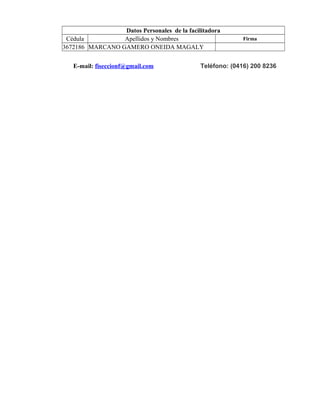 Datos Personales de la facilitadora 
Cédula Apellidos y Nombres Firma 
3672186 MARCANO GAMERO ONEIDA MAGALY 
E-mail: fiseccionf@gmail.com Teléfono: (0416) 200 8236 
 