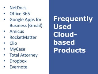 • NetDocs
• Office 365
• Google Apps for
Business (Gmail)
• Amicus
• RocketMatter
• Clio
• MyCase
• Total Attorney
• Dropbox
• Evernote

Frequently
Used
Cloudbased
Products

 