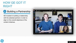 HOW GE GOT IT
RIGHT
3

Building a Partnership

GE invested in building a relationship
with the selected partners in order to
align on the overall objectives of the
content initiatives.

7

 