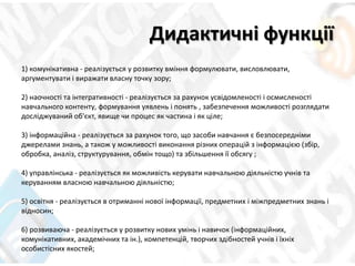 Дидактичні функції
1) комунікативна - реалізується у розвитку вміння формулювати, висловлювати,
аргументувати і виражати власну точку зору;
2) наочності та інтегративності - реалізується за рахунок усвідомленості і осмисленості
навчального контенту, формування уявлень і понять , забезпечення можливості розглядати
досліджуваний об'єкт, явище чи процес як частина і як ціле;
3) інформаційна - реалізується за рахунок того, що засоби навчання є безпосередніми
джерелами знань, а також у можливості виконання різних операцій з інформацією (збір,
обробка, аналіз, структурування, обмін тощо) та збільшення її обсягу ;
4) управлінська - реалізується як можливість керувати навчальною діяльністю учнів та
керуванням власною навчальною діяльністю;
5) освітня - реалізується в отриманні нової інформації, предметних і міжпредметних знань і
відносин;
6) розвиваюча - реалізується у розвитку нових умінь і навичок (інформаційних,
комунікативних, академічних та ін.), компетенцій, творчих здібностей учнів і їхніх
особистісних якостей;
 