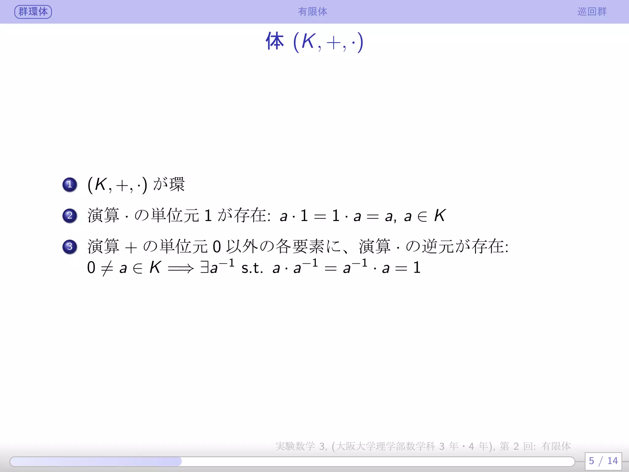 群環体 有限体 巡回群
体 (K, +, ·)
.
1 (K, +, ·) が環
.
2 演算 · の単位元 1 が存在: a · 1 = 1 · a = a, a ∈ K
.
3 演算 + の単位元 0 以外の各要素に、演算 · の逆元が存在:
0 ̸= a ∈ K =⇒ ∃a−1
s.t. a · a−1
= a−1
· a = 1
5 / 14
実験数学 3, (大阪大学理学部数学科 3 年・4 年), 第 2 回: 有限体
 