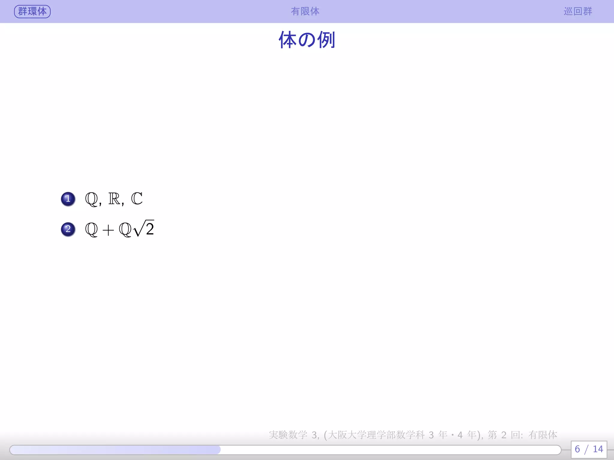 群環体 有限体 巡回群
体の例
.
1 Q, R, C
.
2 Q + Q
√
2
6 / 14
実験数学 3, (大阪大学理学部数学科 3 年・4 年), 第 2 回: 有限体
 