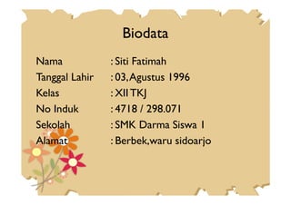 Biodata
Nama : Siti Fatimah
Tanggal Lahir : 03,Agustus 1996
Kelas : XIITKJ
No Induk : 4718 / 298.071No Induk : 4718 / 298.071
Sekolah : SMK Darma Siswa 1
Alamat : Berbek,waru sidoarjo
 