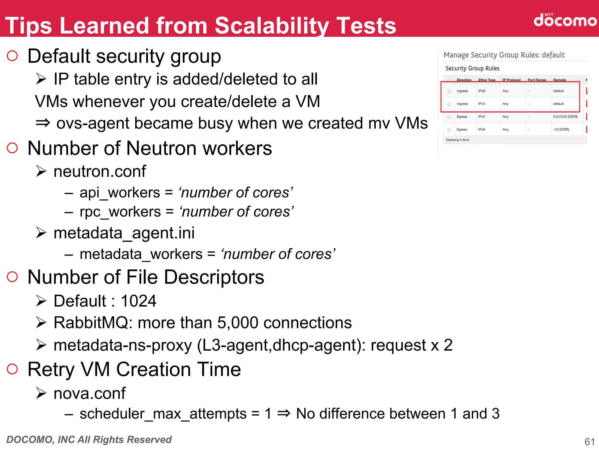 DOCOMO, INC All Rights Reserved
○  Default security group
Ø  IP table entry is added/deleted to all
VMs whenever you create/delete a VM
⇒ ovs-agent became busy when we created mv VMs
○  Number of Neutron workers
Ø  neutron.conf
–  api_workers = ‘number of cores’
–  rpc_workers = ‘number of cores’
Ø  metadata_agent.ini
–  metadata_workers = ‘number of cores’
○  Number of File Descriptors
Ø  Default : 1024
Ø  RabbitMQ: more than 5,000 connections
Ø  metadata-ns-proxy (L3-agent,dhcp-agent): request x 2
○  Retry VM Creation Time
Ø  nova.conf
–  scheduler_max_attempts = 1 ⇒ No difference between 1 and 3
Tips Learned from Scalability Tests	
61
 