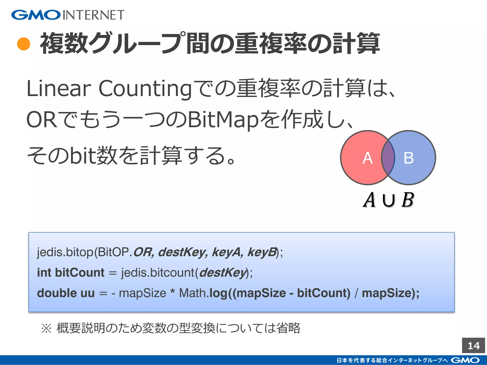 14
● bitサイズの削減
1つのBitMapに 255MB 使用していると、
複数のBitMap作成で、すぐメモリが枯渇し
てしまう。
衝突覚悟でメモリ領域を削減する。
 