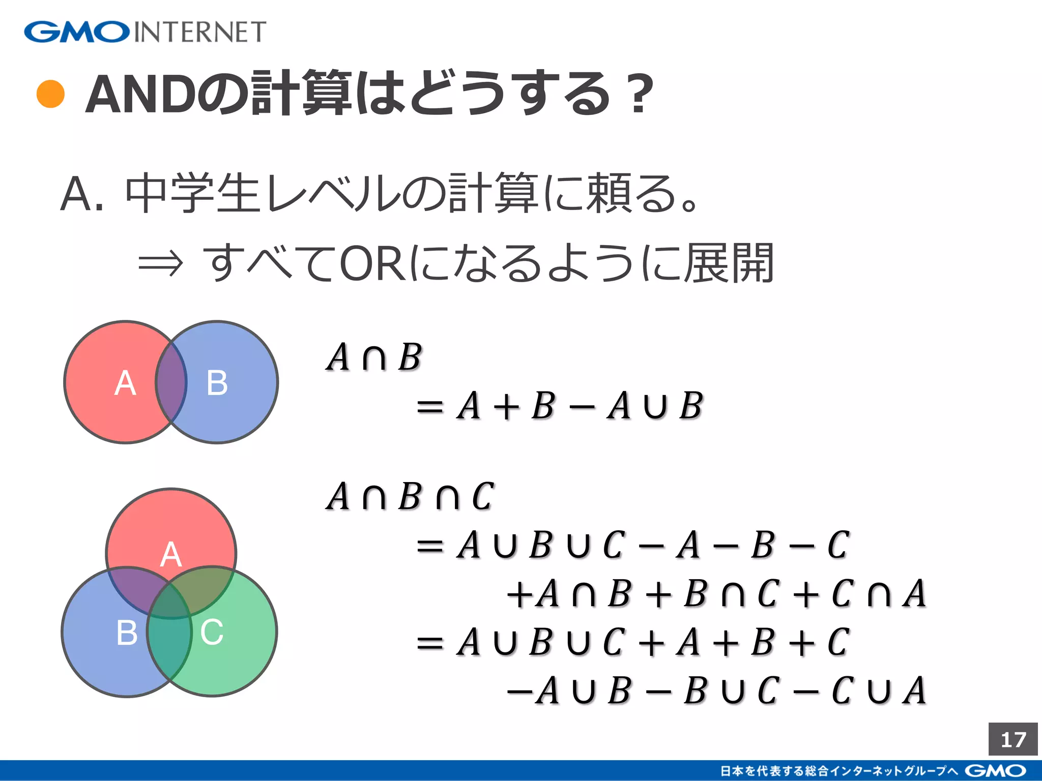 17
● ANDは使わない？
精度の低い（衝突の発生ししている） グル
ープ同士のANDを取ると、AND領域の誤差
は非常に大きくなる。
[例]
𝐴 600万（精度97.4%）
B 500万（精度97.4%）
A ∩ 𝐵 30万（精度180.0%）
A B
𝐴 ∩ 𝐵
 