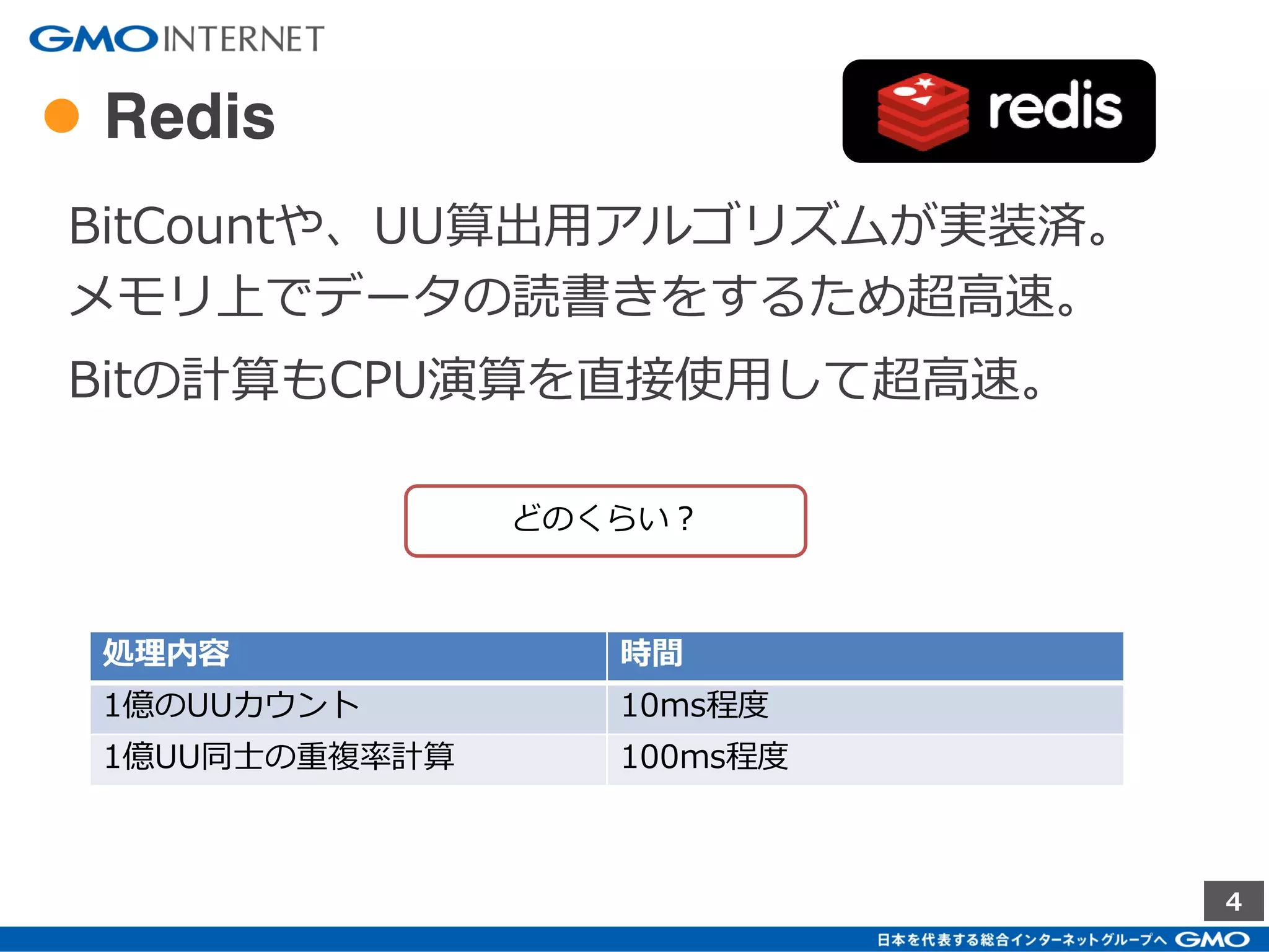 4
● 関連ページ
以降の内容についてはブログでも紹介中
http://recruit.gmo.jp/engineer/jisedai/blog/redis_fast
_counting/
GMO次世代システム研究室についての詳しい説明
http://recruit.gmo.jp/engineer/jisedai/
 