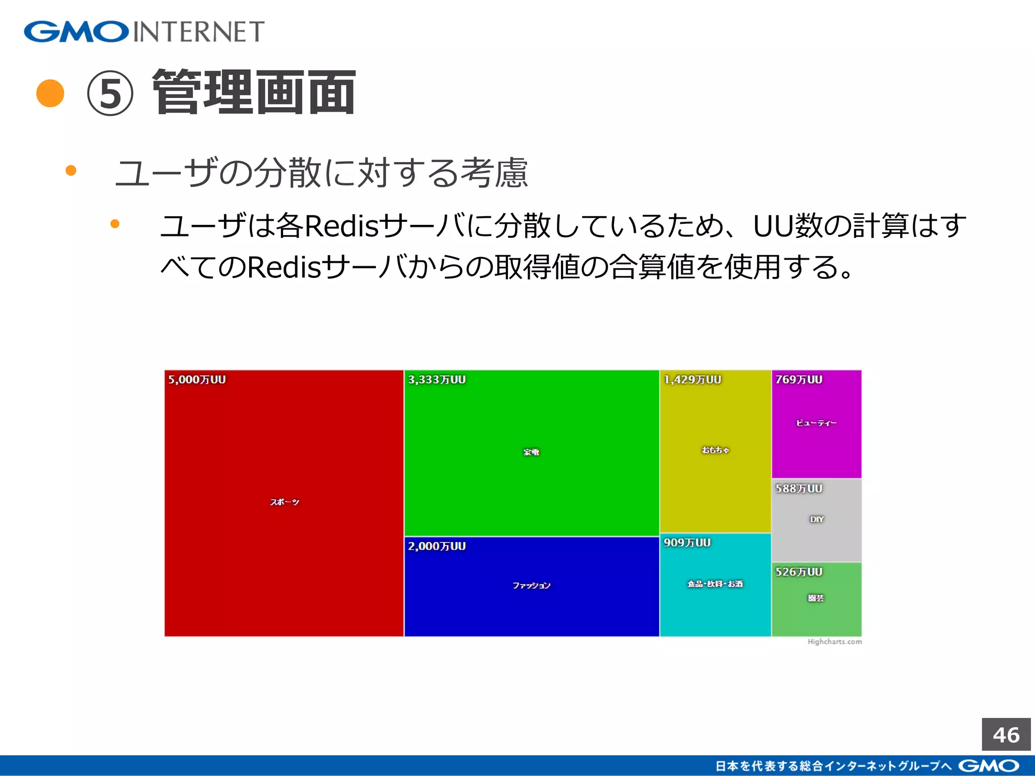 46
● ③ Batch
• HDFSからデータを読み込みRedisに転送する
• 転送する際にIDをHash化し推定アルゴリズムに合わせてファイルを分
散する。
• 直接外部からRedisAPIを叩くと速度が出ないため、Redisサーバ内に
ファイルで一度保存する。
• LinearCountingの場合
• 可能な限り分散する。
（精度が上がり１台の必要なメモリ量も下がる。）
• 分散に使用したbit部分は分散後のサーバで使用しないようにする。
[例] 4で割った余りをサーバの分散に使用する場合、
bitを立てるIndexは4で割ってから使用する。
• HyperLogLogの場合
• あまり分散しすぎるとUU計測の精度が落ちるので、可能な限り分散数
を落とす。
 