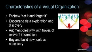 Characteristics of a Visual Organization
• Eschew “set it and forget it”
• Encourage data exploration and
discovery
• Augment creativity with troves of
relevant information
• Buy and build new tools as
necessary
@philsimon 23
 