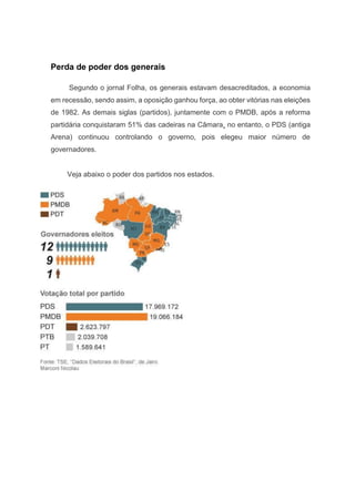 Perda de poder dos generais
Segundo o jornal Folha, os generais estavam desacreditados, a economia
em recessão, sendo assi...