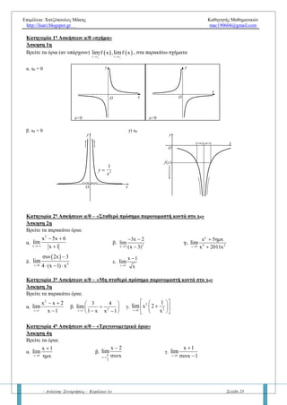 Επιμέλεια: Χατζόπουλος Μάκης Καθηγητής Μαθηματικών
http://lisari.blogspot.gr mac190604@gmail.com
- Ανάλυση: Συναρτήσεις - Κεφάλαιο 1ο Σελίδα 23
ΚΕΦΑΛΑΙΟ 1Ο
– ΑΝΑΛΥΣΗΣ
ΕΡΩΤΗΣΕΙΣ - ΑΣΚΗΣΕΙΣ ΑΠΟ ΤΟ ΚΕΦΑΛΑΙΟ 1.6
Μάθημα 7ο
– Μη πεπερασμένο όριο στο x0 (α/0, με α 0)
Ερώτηση 1η
– « Μη πεπερασμένο όριο »
α) Πότε λέμε ότι μια συνάρτηση f έχει στο x0 όριο το + ή -; Να δοθεί και σχήμα
β) Αν  
ox x
f xlim

 +  ή -  τότε το όριο υπάρχει στο x0 ;
Ερώτηση 2η
– «Ιδιότητες μη πεπερασμένων ορίων»
Γράψτε και περιγράψτε τις ιδιότητες των μη πεπερασμένων ορίων και δώστε παραδείγματα στο καθένα
ξεχωριστά.
Ερώτηση 3η
– «Απροσδιόριστη μορφή»
α. Τι ονομάζουμε απροσδιόριστη μορφή (ΑΜ);
β. Τι κάνουμε όταν σ’ ένα όριο προκύψει απροσδιόριστη μορφή;
γ. Να αναφέρετε τις κυριότερες απροσδιόριστες μορφές
Ερώτηση 4η
–«Άθροισμα - διαφορά μη πεπερασμένων ορίων»
Αν γνωρίζουμε ότι τα όρια    
o ox x x x
f x , g xlim lim
 
υπάρχουν και είναι πραγματικοί αριθμοί ή άπειρο τότε τι ισχύει
για τα όρια: α)     ox x
f x g xlim

 β)     ox x
f x g xlim

 ;
Συμπληρώστε τον παρακάτω πίνακα.
Ερώτηση 5η
– «Γινόμενο – πηλίκο – δύναμη μη πεπερασμένων ορίων»
Αν γνωρίζουμε ότι τα όρια    
o ox x x x
f x , g xlim lim
 
υπάρχουν και είναι πραγματικοί αριθμοί ή άπειρο τότε τι ισχύει
για τα όρια: α)     ox x
f x g xlim

 β)
 
 ox x
f x
g x
lim

 
  
 
γ)   ox x
ν
f xlim

;
Να συμπληρώσετε τον παρακάτω πίνακα.
Αν στο x0 R ,
το όριο της f είναι:
α>0 α<0 α>0 α<0 0 0 + + - - + -
και το όριο της g είναι:
+ + - - + - + - + - 0 0
τότε το όριο της f·g είναι:
το όριο της f / g είναι:
το όριο της f n
, n∈N*
- - -
Αν στο x0 R
το όριο της f είναι: α R α R  -  -
και το όριο της g είναι:  -  - - 
τότε το όριο της f + g είναι:
τότε το όριο της f – g είναι:
 