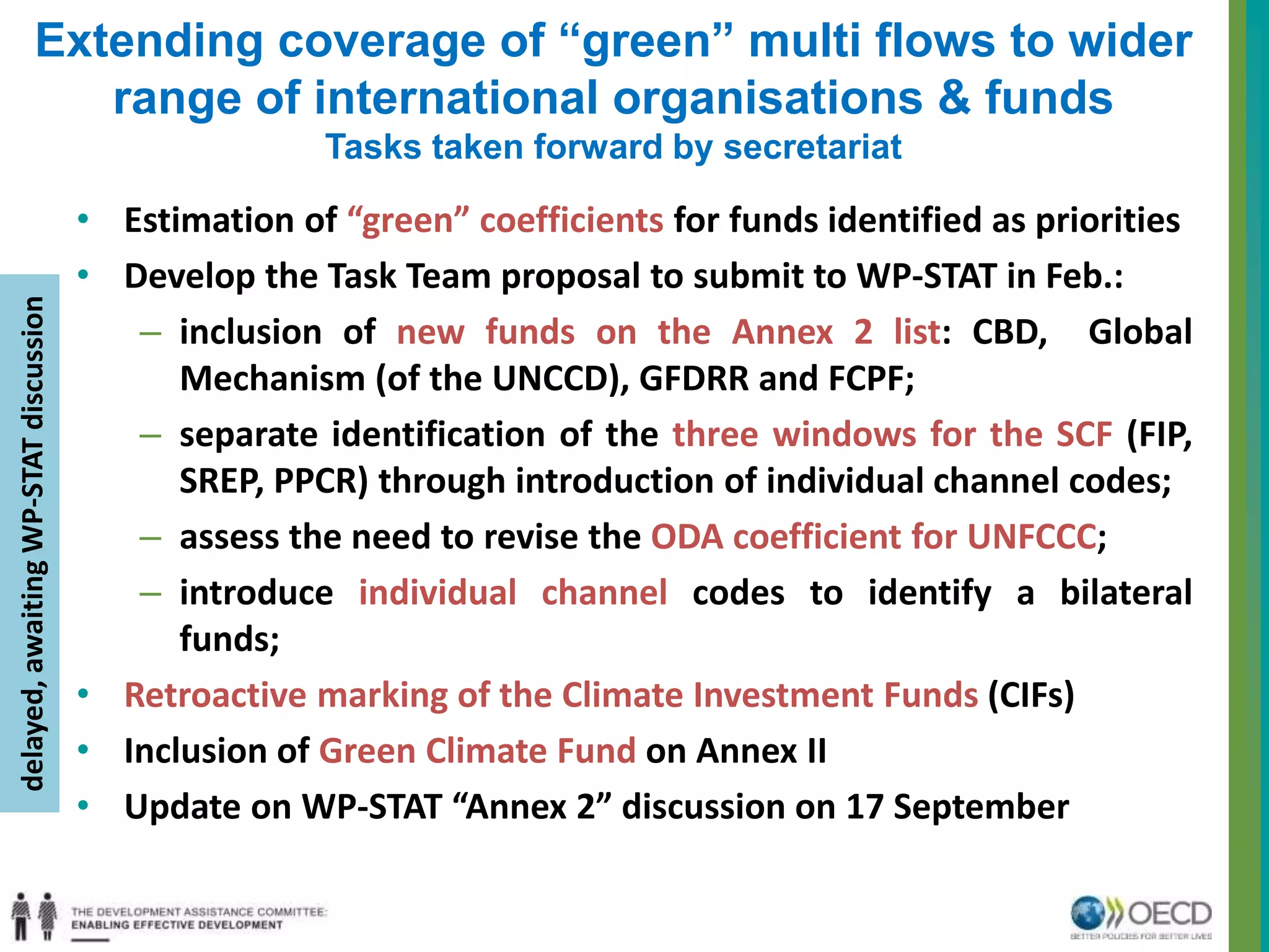 Extending coverage of “green” multi flows to wider 
range of international organisations & funds 
Tasks taken forward by secretariat 
• Estimation of “green” coefficients for funds identified as priorities 
• Develop the Task Team proposal to submit to WP-STAT in Feb.: 
– inclusion of new funds on the Annex 2 list: CBD, Global 
Mechanism (of the UNCCD), GFDRR and FCPF; 
– separate identification of the three windows for the SCF (FIP, 
SREP, PPCR) through introduction of individual channel codes; 
– assess the need to revise the ODA coefficient for UNFCCC; 
– introduce individual channel codes to identify a bilateral 
funds; 
• Retroactive marking of the Climate Investment Funds (CIFs) 
• Inclusion of Green Climate Fund on Annex II 
• Update on WP-STAT “Annex 2” discussion on 17 September 
delayed, awaiting WP-STAT discussion 
 
