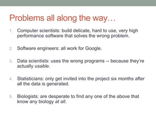 Problems all along the way… 
1. Computer scientists: build delicate, hard to use, very high 
performance software that solves the wrong problem. 
2. Software engineers: all work for Google. 
3. Data scientists: uses the wrong programs -- because they’re 
actually usable. 
4. Statisticians: only get invited into the project six months after 
all the data is generated. 
5. Biologists: are desperate to find any one of the above that 
know any biology at all. 
 