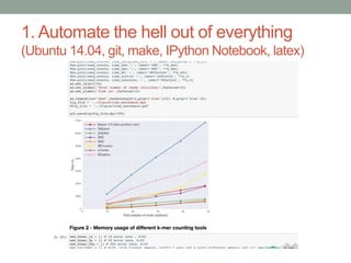 1. Automate the hell out of everything 
(Ubuntu 14.04, git, make, IPython Notebook, latex) 
 