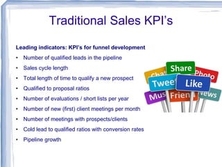 Traditional Sales KPI’s
Leading indicators: KPI’s for funnel development

•

Number of qualified leads in the pipeline

•

Sales cycle length

•

Total length of time to qualify a new prospect

•

Qualified to proposal ratios

•

Number of evaluations / short lists per year

•

Number of new (first) client meetings per month

•

Number of meetings with prospects/clients

•

Cold lead to qualified ratios with conversion rates

•

Pipeline growth

 