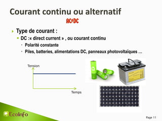 Page 11
Tension
Temps
 Type de courant :
 DC :« direct current » , ou courant continu
 Polarité constante
 Piles, batteries, alimentations DC, panneaux photovoltaïques …
 