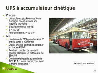 42
Gyrobus (credit Kneiphof)
 Principe
 L’énergie est stockée sous forme
d’énergie cinétique dans une
machine tournante
 J est le moment d’inertie
 E = ½ J ω2
 Pour un disque J = ½ M r2
 A.N.
 Un disque de 275kg de diamètre 80
cm est lancé à 7000 t/mn
 Quelle énergie permet-il de stocker
en J et en kWh?
 Pendant combien de temps il
pourrait alimenter un datacentre de
250kW?
 Combien de batterie au plomb de
12V, 40 A.h faut-il mettre pour avoir
la même autonomie?
 