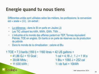Différentes unités sont utilisées selon les métiers, les professions; la conversion
est « aisée » () . Un extrait :
 La référence : dans le SI on parle en Joules (J)
 Les TIC utilisent les kWh, MWh, GWh, TWh …
 L’industrie et le monde des affaires parlent en TEP, Tonnes équivalent
Pétrole; TOE en anglais. En barils si on parle de réserves ou de production
de pétrole
 Dans le monde de la climatisation : calorie et Btu
1 TOE = 7,3 barils (159 l) = 1160 litres = 42 US gallons =
 41,86 GJ = 10 Gcal ; 1 cal = 4,18 J ; 1 J = 1 W.s
 39,68 Mbtu ; 1 Btu = 1060 J = 252 cal
 11 630 kWh ; 1 l de fuel = 10kWh
ANF datacentres 2014
49
 