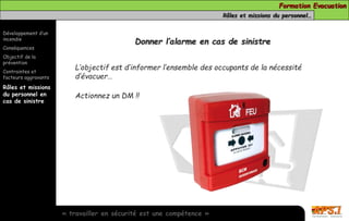 Formation Evacuation 
Rôles et missions du personnel… 
Développement d’un 
incendie 
Conséquences 
Objectif de la 
prévention 
Contraintes et 
facteurs aggravants 
Rôles et missions 
du personnel en 
cas de sinistre 
Donner l’alarme en cas de sinistre 
L’objectif est d’informer l’ensemble des occupants de la nécessité 
d’évacuer… 
Actionnez un DM !! 
« travailler en sécurité est une compétence » 
 