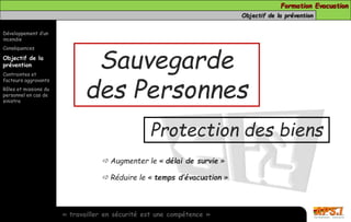 Formation Evacuation 
Objectif de la prévention 
Développement d’un 
incendie 
Conséquences 
Objectif de la 
prévention 
Contraintes et 
facteurs aggravants 
Rôles et missions du 
personnel en cas de 
sinistre 
Sauvegarde 
des Personnes 
Protection des biens 
 Augmenter le « délai de survie » 
 Réduire le « temps d’évacuation » 
« travailler en sécurité est une compétence » 
 