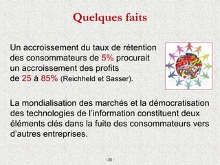 Quelques faits
La mondialisation des marchés et la démocratisation
des technologies de l’information constituent deux
éléments clés dans la fuite des consommateurs vers
d’autres entreprises.
- 35 -
Un accroissement du taux de rétention
des consommateurs de 5% procurait
un accroissement des profits
de 25 à 85% (Reichheld et Sasser).
 