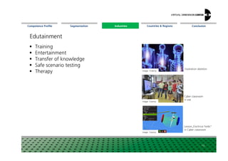 Segmentation Countries & Regions ConclusionCompetence Profile Industries
Training
Entertainment
Transfer of knowledge
Safe scenario testing
Therapy Image: Tridelity
Illustration skeleton
Edutainment
Industries
10
Image: Visenso
Image: Visenso
Cyberclassroom
inuse
Lesson„Electrical fields“
inCyber classroom
 