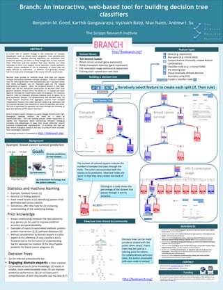 Branch: An interactive, web-based tool for building decision tree 
classifiers 
Benjamin M. Good, Karthik Gangavarapu, Vyshakh Babji, Max Nanis, Andrew I. Su 
ABSTRACT 
A crucial task in modern biology is the prediction of complex 
phenotypes, such as breast cancer prognosis, from genome-wide 
measurements. Machine learning algorithms can sometimes infer 
predictive patterns, but there is rarely enough data to train and test 
them effectively and the patterns that they identify are often 
expressed in forms (e.g. support vector machines, neural networks, 
random forests composed of 10s of thousands of trees) that are 
highly difficult to understand. In addition, it is generally unclear 
how to include prior knowledge in the course of their construction. 
Decision trees provide an intuitive visual form that can capture 
complex interactions between multiple variables. Effective methods 
exist for inferring decision trees automatically but it has been shown 
that these techniques can be improved upon via the manual 
interventions of experts. Here, we introduce Branch, a new Web-based 
tool for the interactive construction of decision trees from 
genomic datasets. Branch offers the ability to: (1) upload and share 
datasets intended for classification tasks (in progress), (2) construct 
decision trees by manually selecting features such as genes for a 
gene expression dataset, (3) collaboratively edit decision trees, (4) 
create feature functions that aggregate content from multiple 
independent features into single decision nodes (e.g. pathways) and 
(5) evaluate decision tree classifiers in terms of precision and recall. 
The tool is optimized for genomic use cases through the inclusion of 
gene and pathway-based search functions. 
Branch enables expert biologists to easily engage directly with high-throughput 
datasets without the need for a team of 
bioinformaticians. The tree building process allows researchers to 
rapidly test hypotheses about interactions between biological 
variables and phenotypes in ways that would otherwise require 
extensive computational sophistication. In so doing, this tool can 
both inform biological research and help to produce more accurate, 
more meaningful classifiers. 
A prototype of Branch is available at http://biobranch.org/ 
The Scripps Research Institute 
Background 
Feature types 
REFERENCES 
CONTACT 
Benjamin Good: bgood@scripps.edu @bgood 
Andrew Su: asu@scripps.edu @andrewsu 
Dataset library 
http://biobranch.org/ 
Building a decision tree 
Research reported in this poster was supported by the National Institute of General Medical Sciences 
of the National Institutes of Health under award numbers R01GM089820 and R01GM083924, and by 
the National Center for Advancing Translational Sciences of the National Institute of Health under 
award number UL1TR001114. 
Goals 
(1) Find patterns 
(2) make predictions 
on new samples 
< 10 year >10 year 
< 10 year ? 
> 10 year ? 
1. Griffith et al (2013) A robust prognostic signature for hormone-positive node-negative 
breast cancer. Genome Medicine. 
2. Dutkowski and Ideker (2011) Protein Networks as Logic Functions in Development and 
Cancer. PLoS Computational Biology 
3. Winter et al (2012) Google Goes Cancer: Improving Outcome Prediction for Cancer 
Patients by Network-Based Ranking of Marker Genes. PLoS Computational Biology 
4. Liu et al (2012) Identifying dysregulated pathways in cancers from pathway interaction 
networks. BMC Bioinformatics 
5. Paik et al (2004) A Multigene Assay to Predict Recurrence of Tamoxifen-Treated, Node- 
Negative Breast Cancer. The New England Journal of Medicine 
6. Mihael et al. (1999) Visual classification: an interactive approach to decision tree 
construction. Proceedings of the fifth ACM SIGKDD international conference on 
Knowledge discovery and data mining. 
7. Malcolm W. (2002) Interactive machine learning: letting users build classifiers. 
International Journal of Human-Counter Studies. 
Example: breast cancer survival prediction 
Gene Expression Data 
(+CNVs, SNPs, etc..) (3) Understand the biology that 
the pattern indicates 
Statistics and machine learning 
• Example, Random Forests [1] 
• Good at (1) finding patterns 
• Have mixed results at (2) identifying patterns that 
generalize well across cohorts 
• Sometimes offer little help for (3) increasing 
understanding of the underlying biology 
Prior knowledge 
• Known relationships between the data elements 
(e.g. genes) can be used to improve predictor 
accuracy and generalizability. 
• Examples of inputs to automated methods: protein-protein 
interactions [2,3], pathway databases [4] 
• Manual consideration by domain experts is a vital 
aspect to the inference of new classifiers and is 
fundamental to the formation of understanding. 
See for example the creation of the OncoTypeDx 
predictor for breast cancer prognosis [5] 
Funding 
Decision Trees 
• Can be inferred automatically but.. 
• Engaging domain experts in their creation: 
• (1) provides access to prior knowledge, (2) results in 
smaller, more understandable trees, (3) can improve 
predictive performance, (4) can increase user’s 
comprehension of both the classifier and the data [6,7] 
Clicking on a node shows the 
percentage of the dataset that 
passes through it and its 
accuracy. 
View/use trees shared by community 
• Gene (e.g. expression) 
• Non-gene (e.g. clinical data) 
• Custom feature (manually created feature 
combination) 
• Classifier node (e.g. a trained SVM) 
• Pre-existing tree 
• Visual (manually defined decision 
boundary using GUI) 
• Create a classifier node. 
Iteratively select feature to create each split (If, Then rule) 
Transplant 
rejection 
HIV-1 coreceptor 
usage 
• Test datasets loaded: 
• Breast cancer survival (gene expression) 
• Kidney transplant rejection (gene expression) 
• HIV coreceptor usage (amino acid sequences) 
• Coming soon: upload your own data 
The number of colored squares indicate the 
number of samples that pass through the 
node. The colors are associated with the 
classes to be predicted. Ideal leaf nodes are 
‘pure’ in that they only contain one kind of 
class. 
Breast cancer 
survival 
Decision trees can be made 
private or shared with the 
public when saved. Public 
trees may be used as a 
starting point for others. 
For collaboratively authored 
trees, the author associated 
with each node is tracked. 
http://biobranch.org/ 
