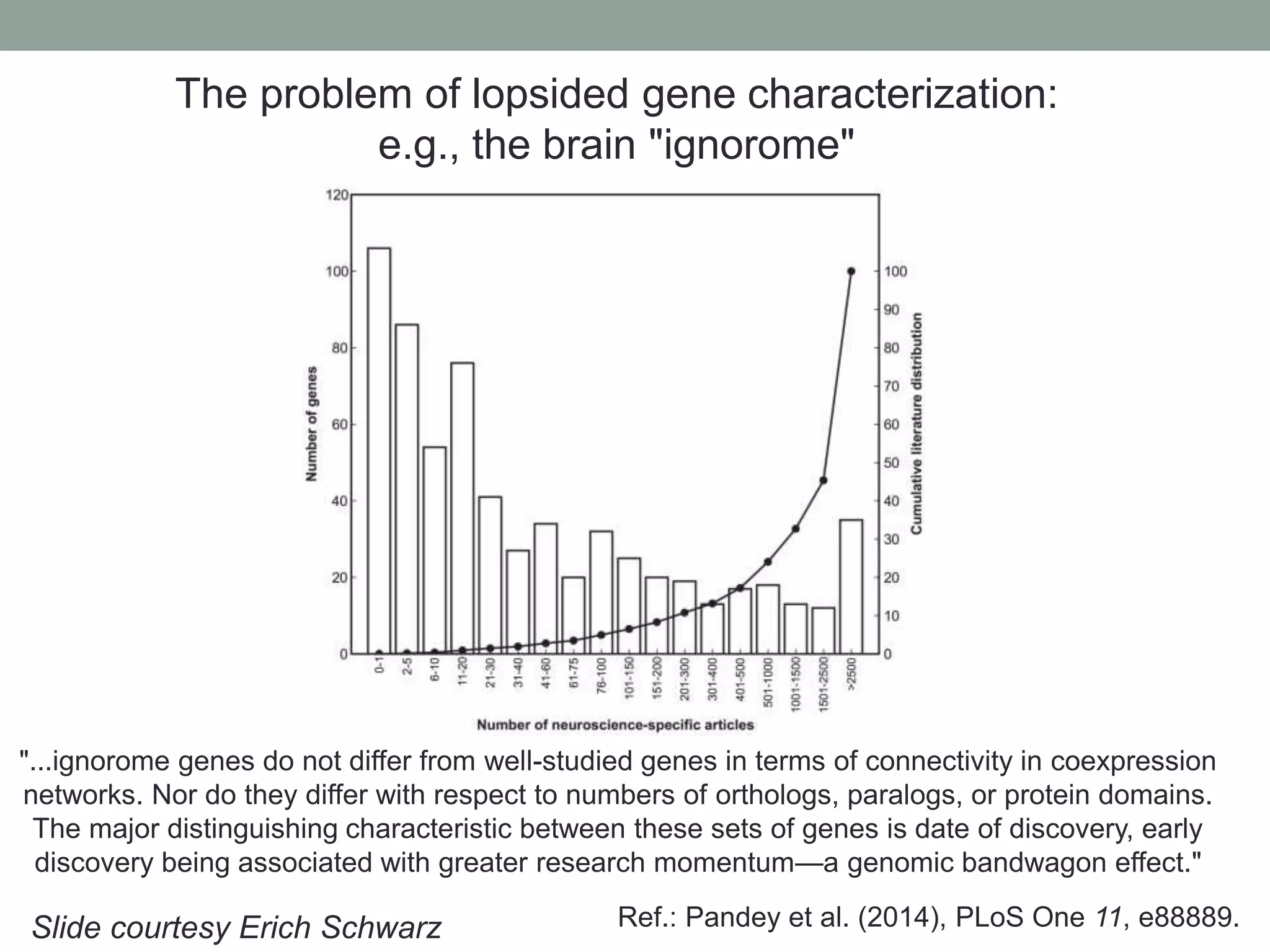 The problem of lopsided gene characterization: 
e.g., the brain "ignorome" 
"...ignorome genes do not differ from well-studied genes in terms of connectivity in coexpression 
networks. Nor do they differ with respect to numbers of orthologs, paralogs, or protein domains. 
The major distinguishing characteristic between these sets of genes is date of discovery, early 
discovery being associated with greater research momentum—a genomic bandwagon effect." 
Slide courtesy Erich Schwarz Ref.: Pandey et al. (2014), PLoS One 11, e88889. 
 