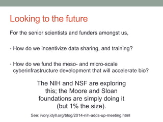 Looking to the future 
For the senior scientists and funders amongst us, 
• How do we incentivize data sharing, and training? 
• How do we fund the meso- and micro-scale 
cyberinfrastructure development that will accelerate bio? 
The NIH and NSF are exploring 
this; the Moore and Sloan 
foundations are simply doing it 
(but 1% the size). 
See: ivory.idyll.org/blog/2014-nih-adds-up-meeting.html 
 