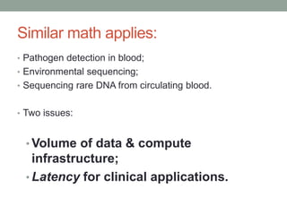 Similar math applies: 
• Pathogen detection in blood; 
• Environmental sequencing; 
• Sequencing rare DNA from circulating blood. 
• Two issues: 
•Volume of data & compute 
infrastructure; 
• Latency for clinical applications. 
 